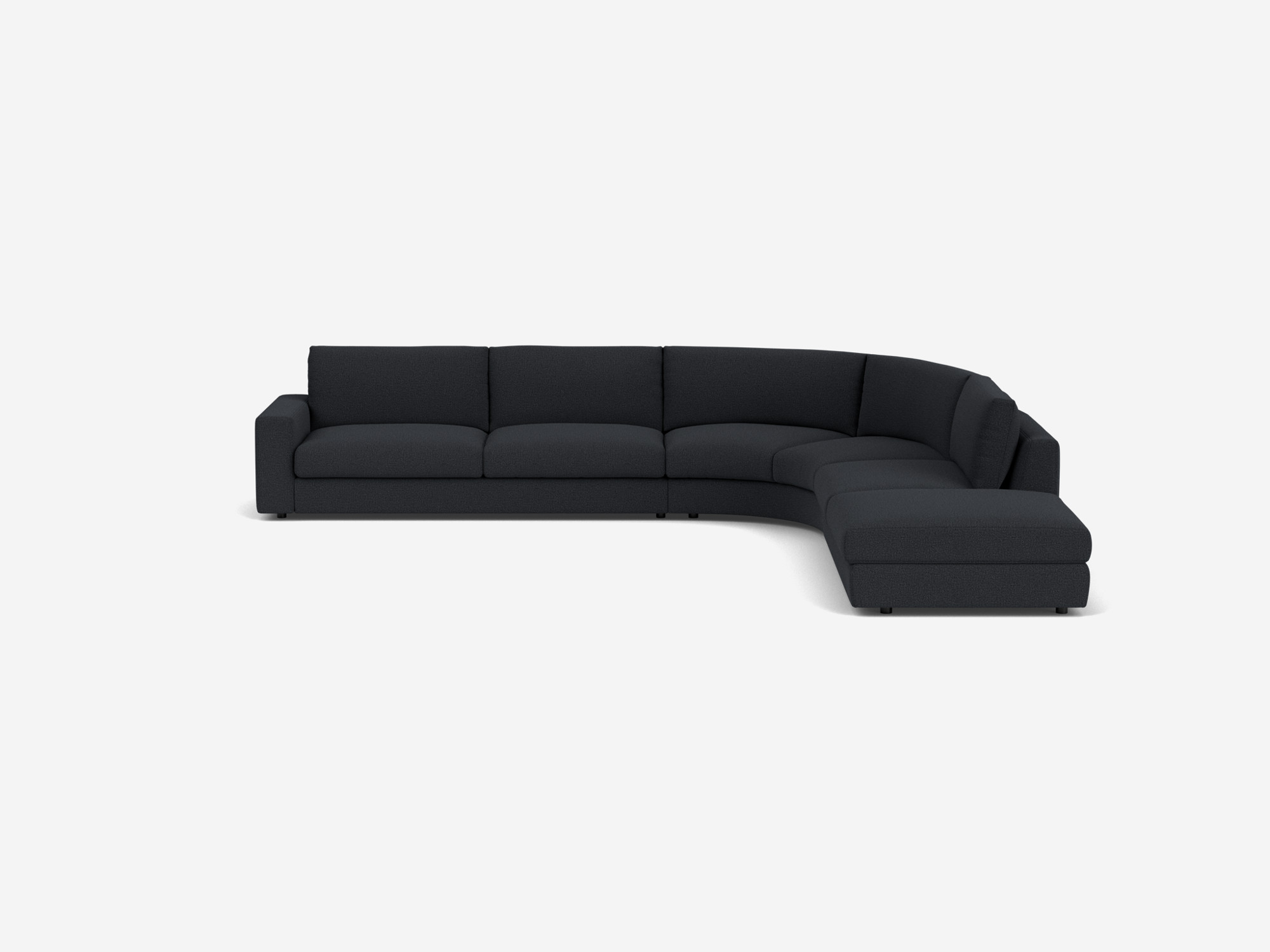 Right hand facing black curved sectional sofa front view